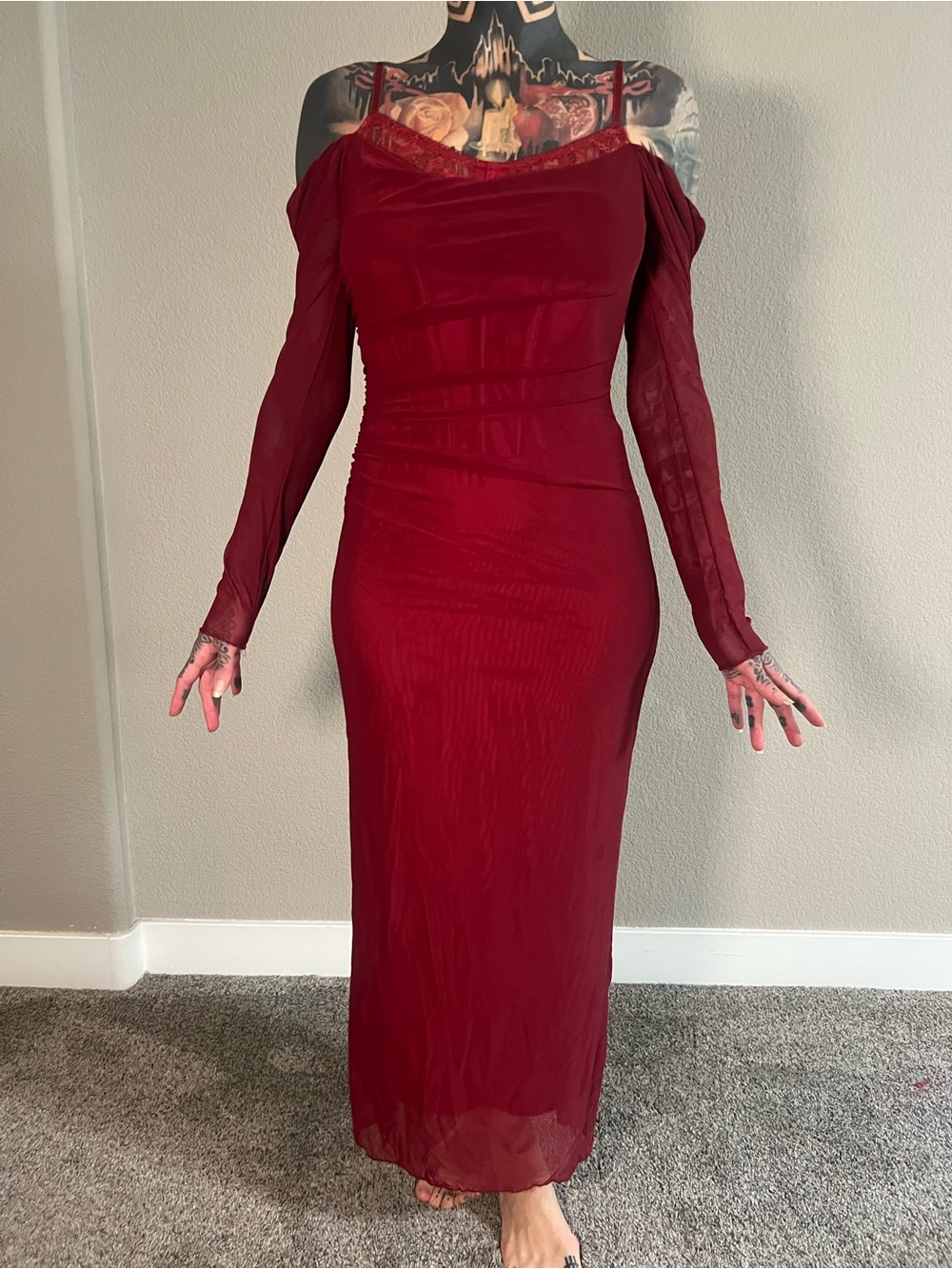 Off-Shoulder Long Sleeve Burgundy Maxi Dress
